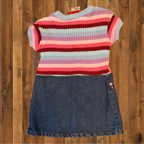 Vintage Toddler Sweater Dress 12M | Stripe Knit & Denim Embroidered Floral Dress - Picture 2 of 6